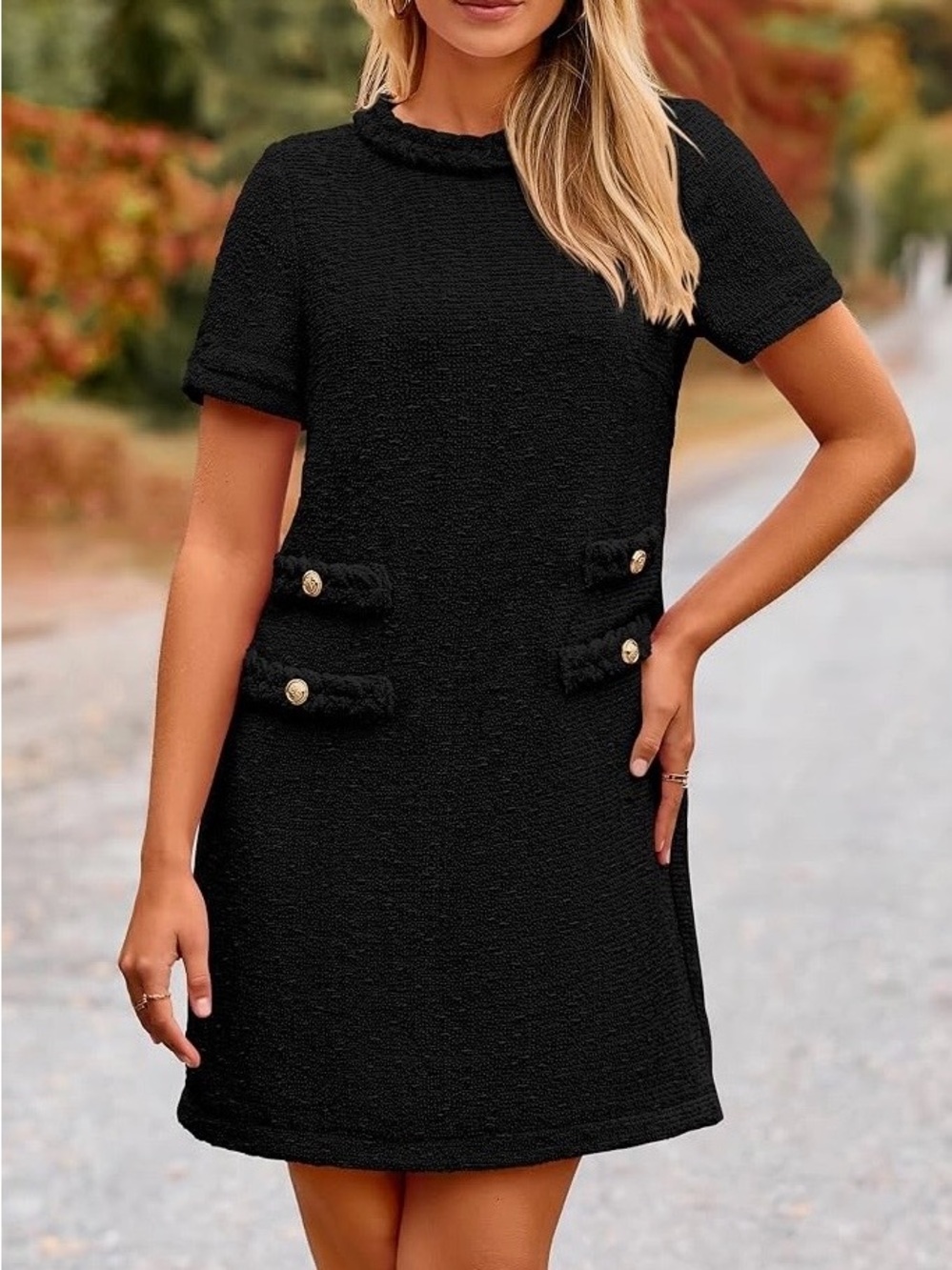Pretty Garden Black Jackie Short-Sleeve Tweed Boucle Shift Dress - Size XXL